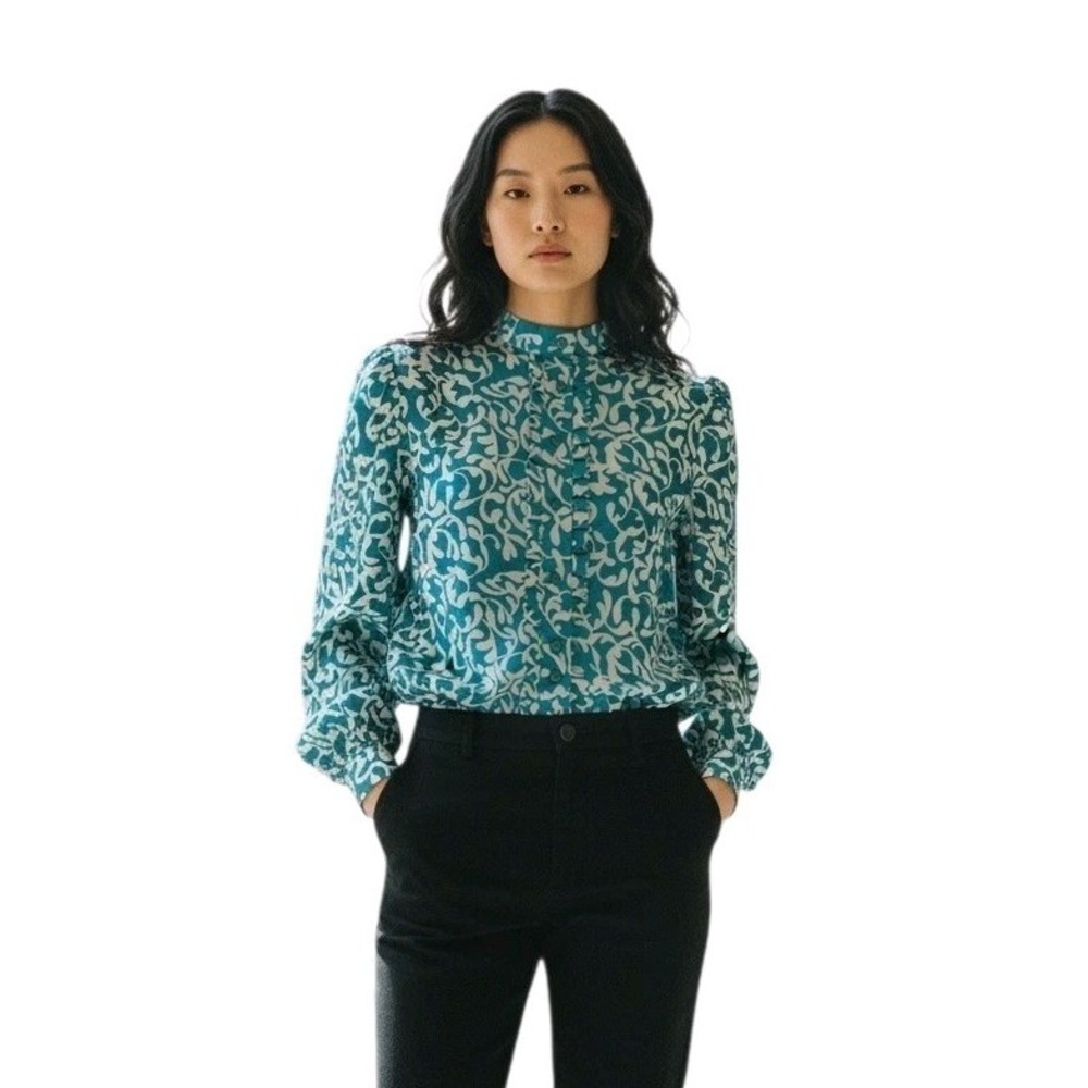 Vintage Devon Button-up Ruffle Front Top Women's Size 10 Teal Green/White Scroll